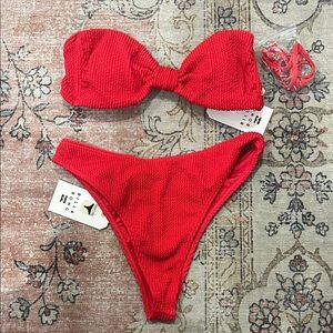 Billabong Red Textured Bandeau Bikini Set
